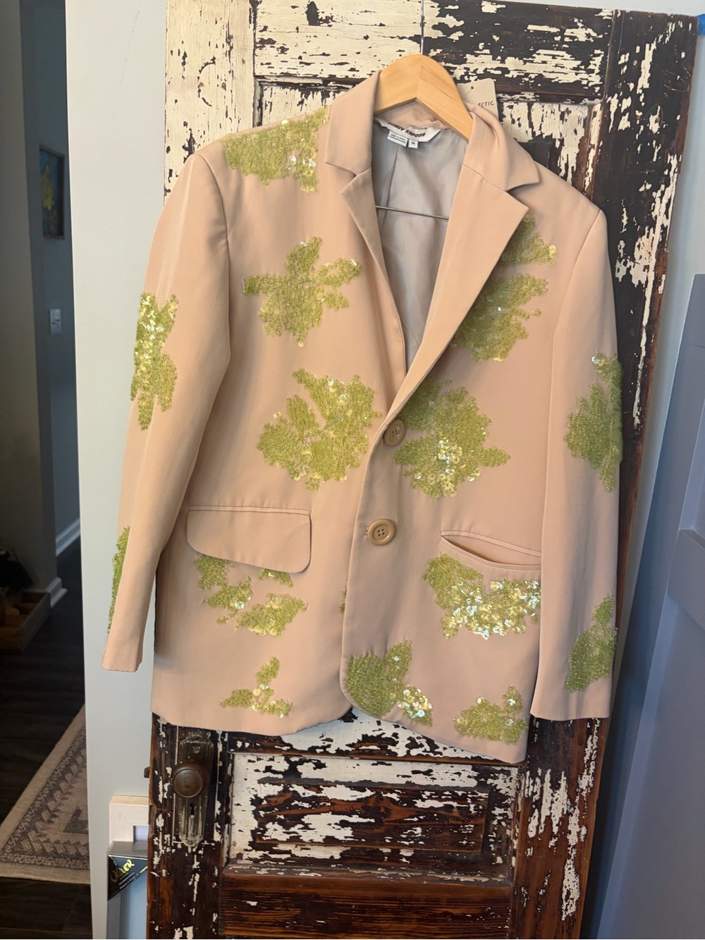 Dhruv Kapoor x Anthropologie Sequin Embellished Beige Blazer with Green Accents